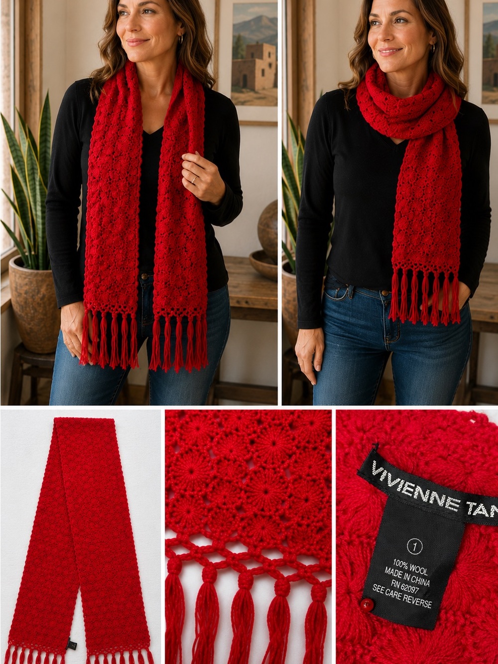 Vivienne Tam 100% Wool Red Floral Crochet Knit Fringe Scarf Designer